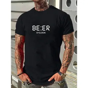 Men's Comfy Relaxed-Fit Oversized "Beer O'Clock" Graphic T-Shirt - Stylish Classic Short-Sleeve Round-Neck Breathable Casual Streetwear Top