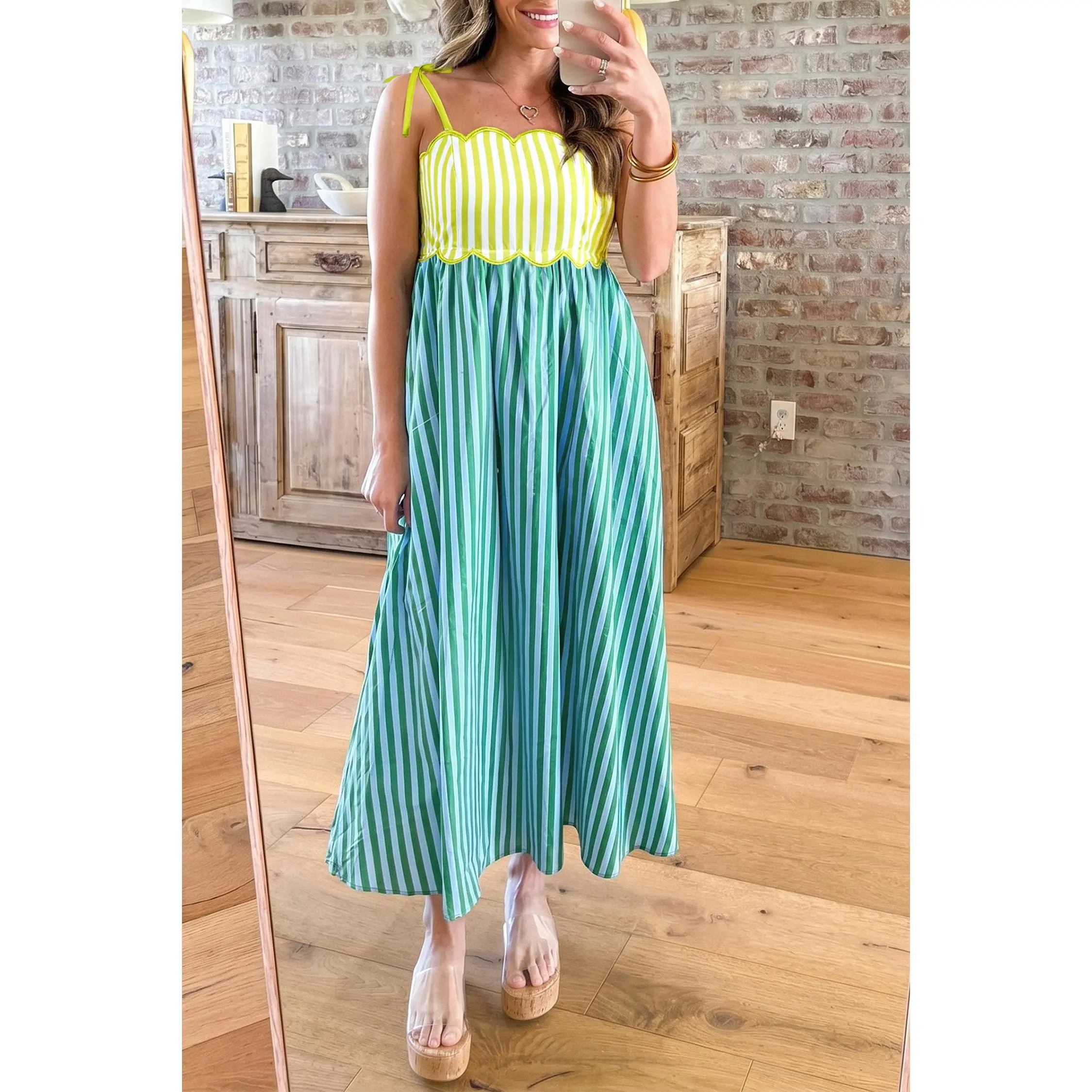 Women's Colorblock Striped Sleeveless Shift Dress, Feminine Long Length Style with Scalloped Neckline and Back Gathering, Casual Wear, 100% Polyester