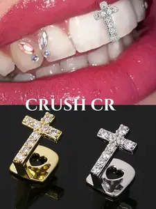 CRUSH CR 1pc 14K Gold Plated Copper Cross CZ Tooth Cap Grillz Tooth Gems – Faithful Hip-Hop Jewelry for Female, Black Women, Girls, Men & Boys. Perfect for Parties, Church Events, Halloween & Gifts! Spiritual Bling Accessory.