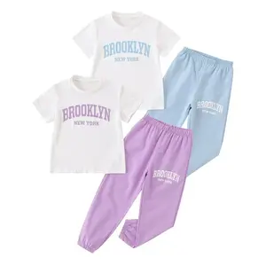 4-piece girl summer round neck printed short-sleeved shirt elastic waist leisure comfortable trousers suit children's leisure dance breathable skin-friendly children's suit