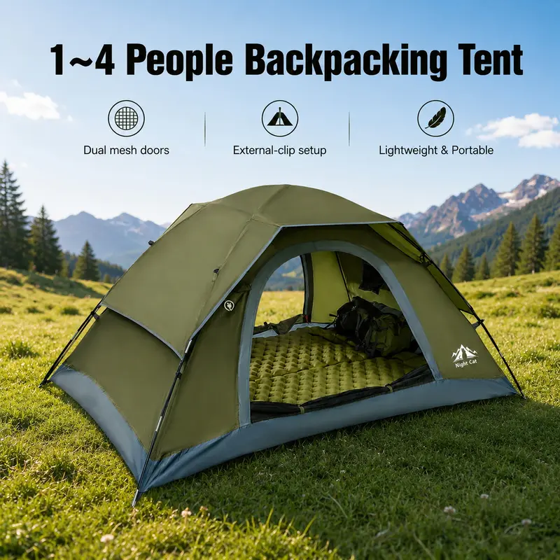 Night Cat Backpacking Tent - 1-3 Person, Polyester, Easy Clip Setup, Heavy Waterproof, Lightweight, 20% More Head Room, B4 Mesh, Excellent Ventilation, Spacious Size, Unique Rainfly, Thoughtful Detail Design