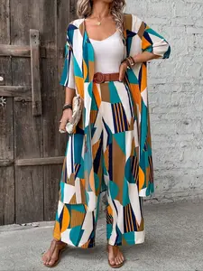 Women's Geometric Print Mid-Sleeve Cardigan and Straight Leg Pants Set, Outfit, Fashionable Women's, Casual Summer Wear, Womenswear