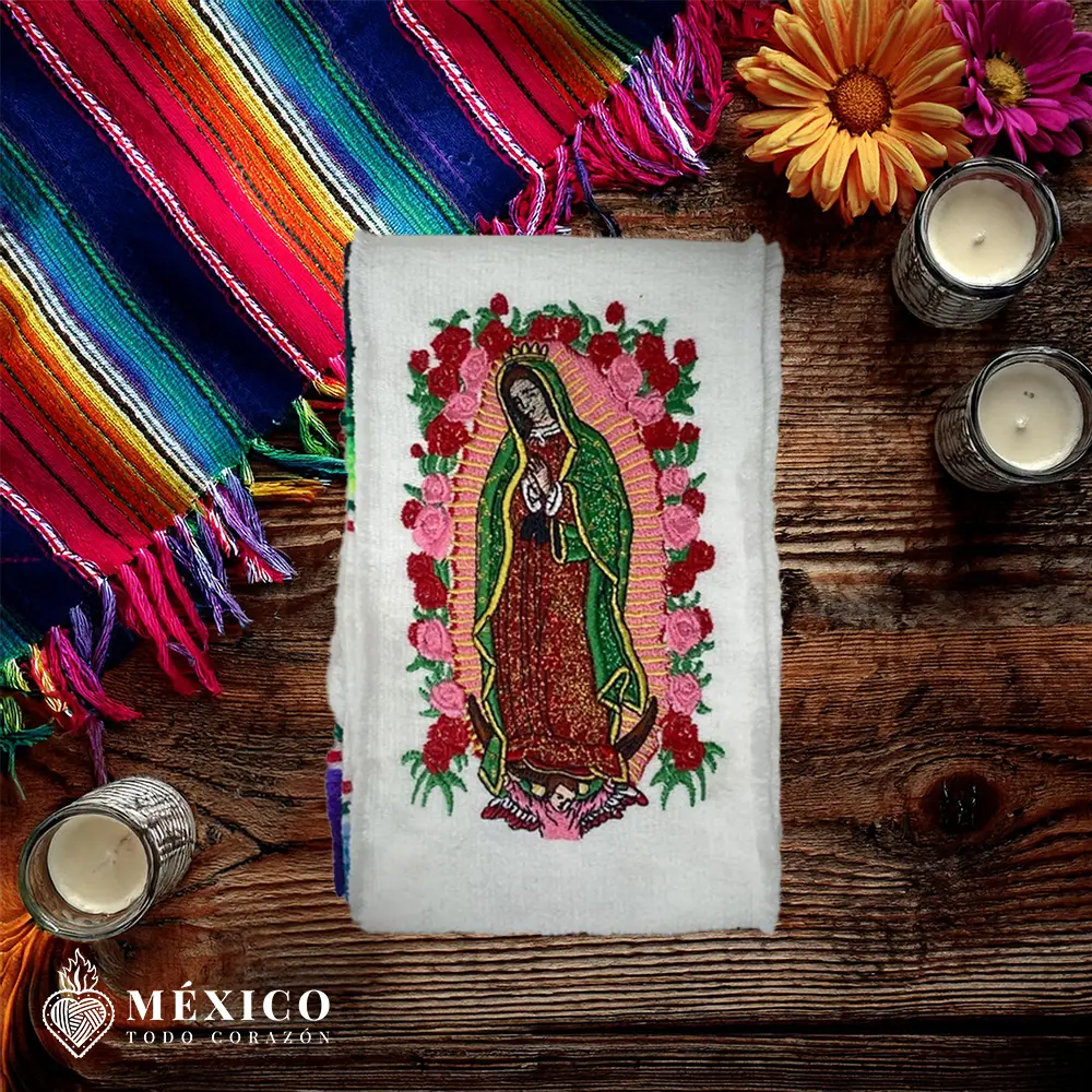 Mexican Graduation Stole Custom Sarape Virgin of Guadalupe with Flowers and Flags Embroidery Personalized Sash | Mexico Todo Corazon