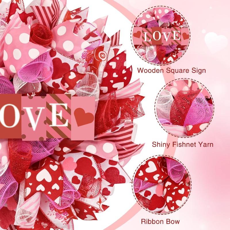 Waipfaru 17 Inch Valentines Day Mesh Wreath,Valentines Wreaths for Front Door with Love Wooden Sign Fishnet Yarn, Valentines Day Wedding Decorations for Indoor and Outdoor