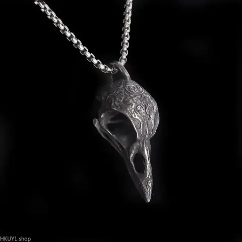 Gothic Crow Skull Metallic Pendant Necklace - Unisex Ancient Silver Edgy Nordic 60cm Chain Statement Bird Amulet, Pendant for Chain Sports & Outdoor Accessory