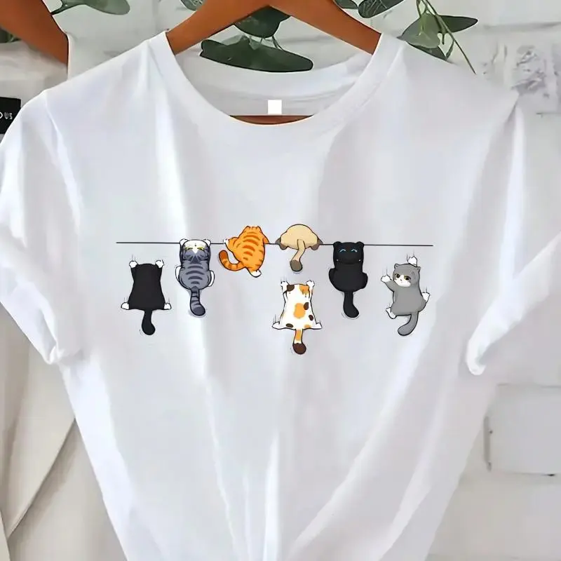 Women's Cute Cat Print Round Neck Short Sleeve Casual T-Shirt White Summer
