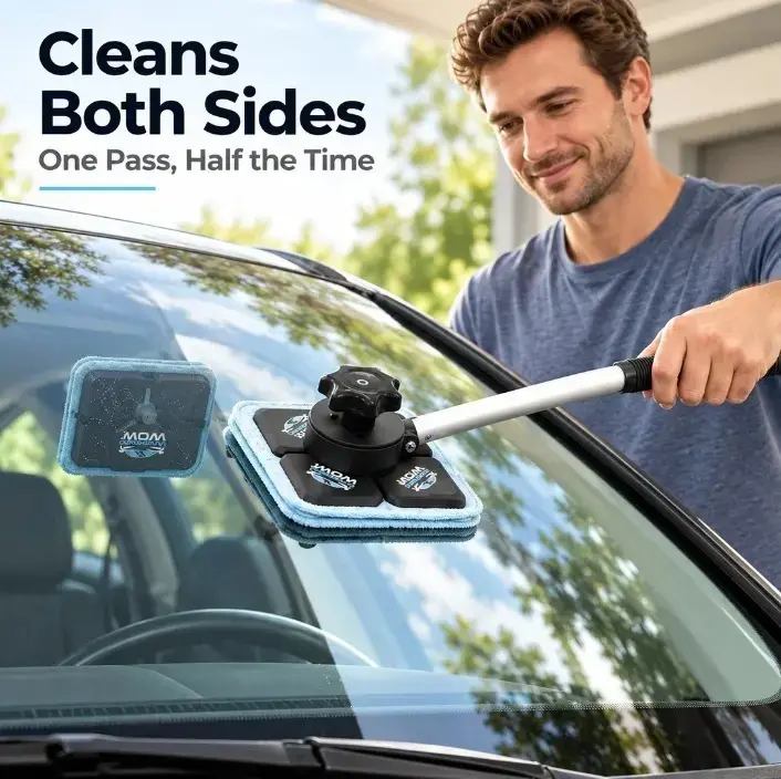 Magnetic Windshield Wow Cleaner, Double Sided Car Glass Cleaning Tool with Telescopic Handle, Streak-Free Simultaneous Inside & Outside Windshield Cleaner Kit