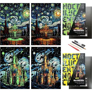 Scratch Painting Art Paper Scratch Art for Adults,Creative DIY Art Craft Gift Scratch Rainbow Painting Luminous Paper Set with 4 Tools 16''x11''(Castle &Amusement Park)
