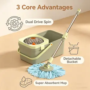 360° Spin Mop and Bucket Set with 2 Microfiber Cleaning Mop Refills, Stainless Steel Adjustable Extended Handle, Non-Slip Design