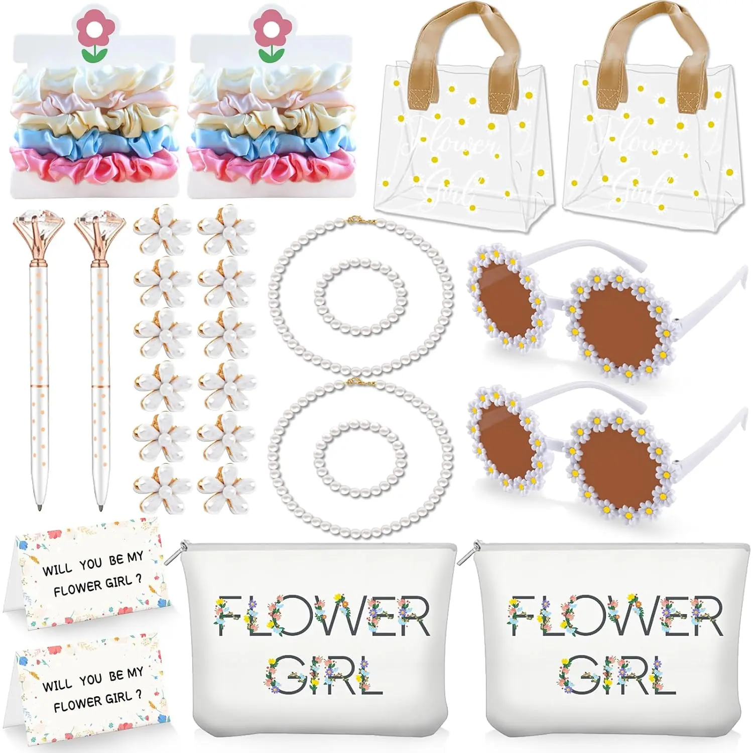 28Pcs Flower Girl Proposal Gift Set - 2 Bags Including Round Flower Sunglasses, Canvas Bag, Pearl Necklace, Bracelet, Hair Accessories, Satin Scunchies, Diamond Pen for Wedding, Bridal ShowerGift.