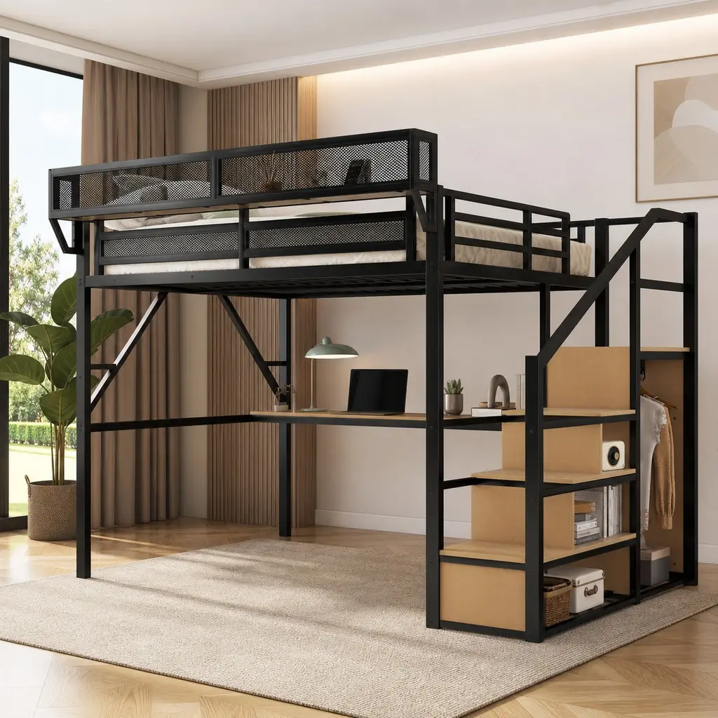 Queen Size Metal Loft Bed with Desk, Charging Station, Stairs, Wardrobe, RGB Lights, Storage Shelves, Black, 400LBS Capacity, Multifunctional Space-Saving Bedroom Furniture for Kids, Teens, Adults, Dorm Room, Small Apartment, Queen Size Options