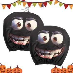1 Pair Set of 2 Funny Big-Eyed Grinning Cartoon Print Car Seat Headrest Covers, Elastic Breathable Head Rest Covers Decoration Halloween Accessories for Driver Passenger Men Women Vehicles Interior