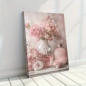 Vintage Floral Perfume Bottle Canvas Art, Soft Roses and Pastel Flowers, Framed Wall Art for Bedroom Living Room Home Office Decor