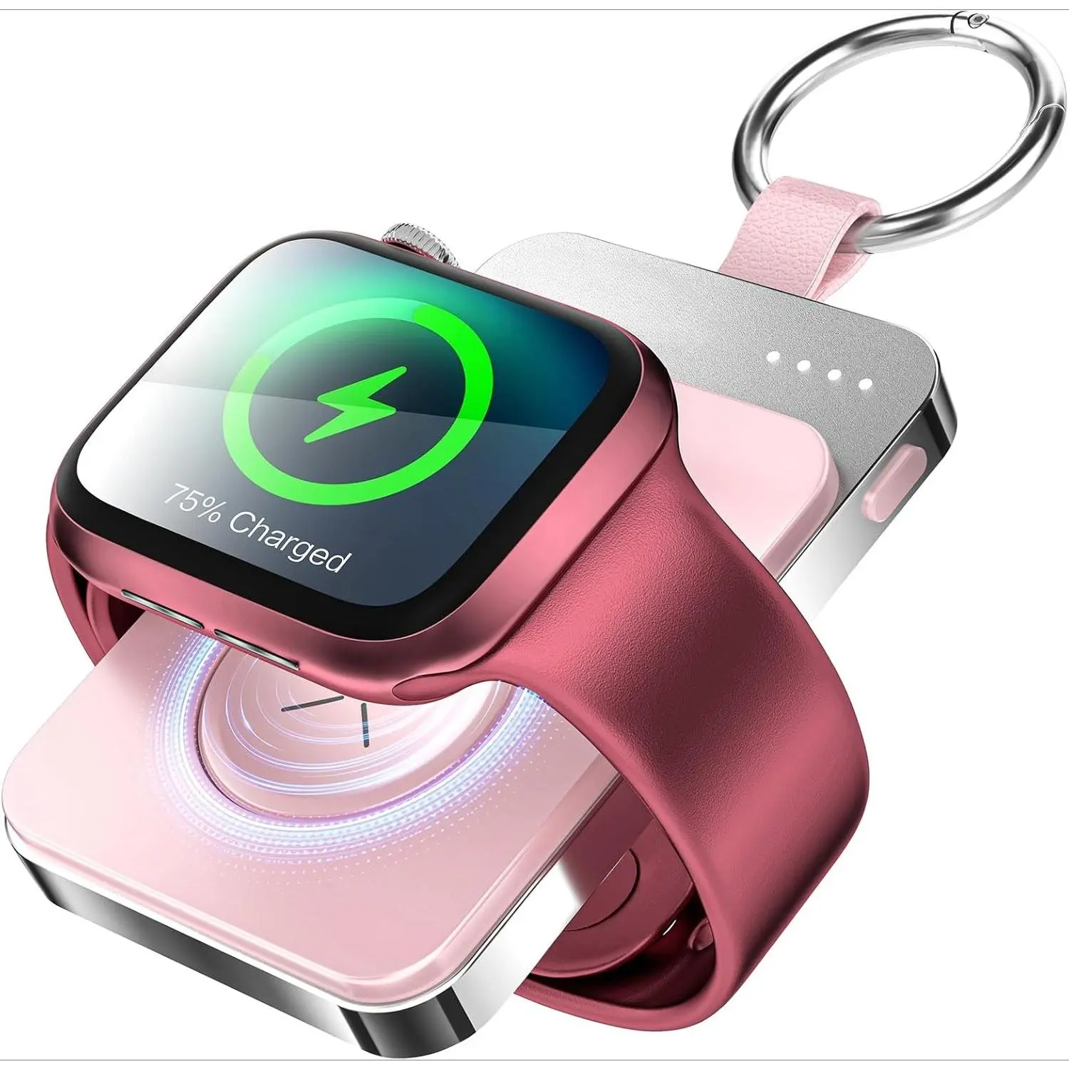 SQ-MPP002 Portable Wireless Charger Compatible for Apple Watch Series 10/9/8/UItra/7/6/5/4/3/2/SE, 1500mAh Portable iWatch Charger Travel, Magnetic Portable Watch Charger Keychain with USB C (Pink)