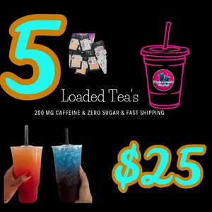 5 Loaded Teas For 22 Mystery Pack sugar-free powder drink mix. Each Loaded tea package is 200 MG caffeine. You will recieve 5 individual packages.