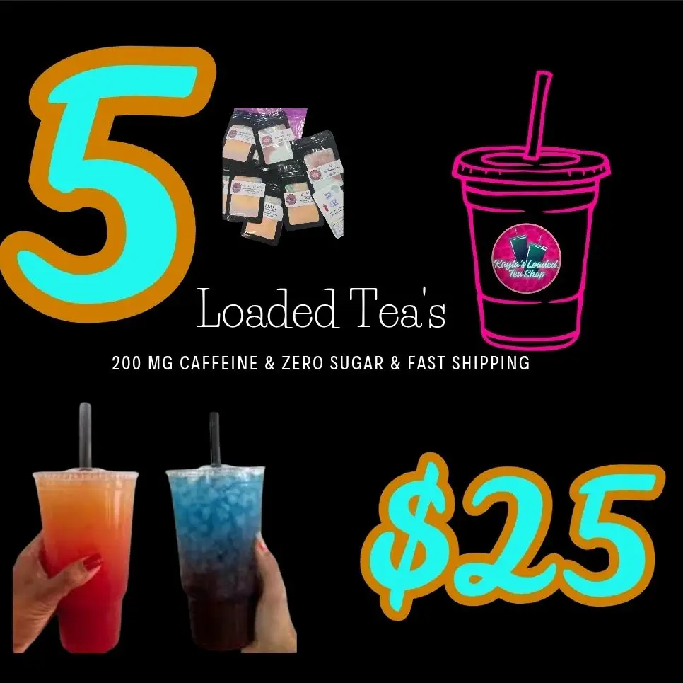 5 Loaded Teas For 22 Mystery Pack sugar-free powder drink mix. Each Loaded tea package is 200 MG caffeine. You will recieve 5 individual packages.