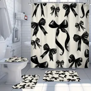 1pc/4pcs Black Bow Shower Curtain Set, Bownot Fashion Sweet Cute Bathroom Sets Full Set, Pretty Bathroom Set with Shower Curtain and Rug, for Women Female Bathroom Decor and Accessories, Polyester Fabric Shower Curtain Bathroom Decor with 12 Hooks