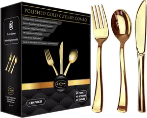 JL Prime 160 Gold Plastic Silverware Set, Gold Plastic Cutlery Set, Heavy Duty Utensils for Party & Wedding, Disposable Gold Flatware, 80 Plastic Forks, 40 Plastic Spoons & 40 Plastic Knives