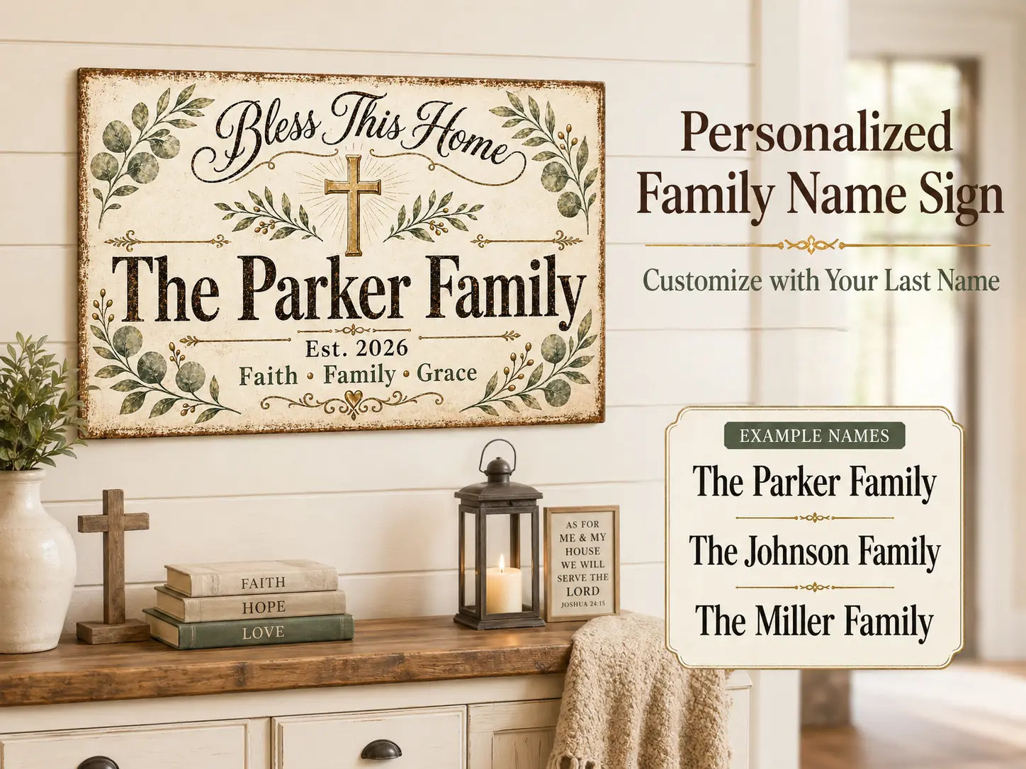 Personalized Christian Aluminium Family Name Metal Sign, 12x8 in Vintage Tin Wall Decor, Custom Last Name Bless This Home Art, Housewarming Gift for Entryway Living Room, SummerVibes