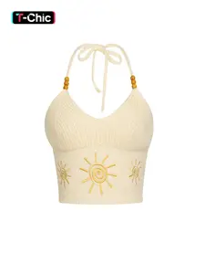 Women's Sun Embroidery Beaded Tie Back Halter Crop Sweater Cami Top, Casual Deep V Neck Backless Knit Top for Summer, Fashion Women's Knitwear for Daily Wear