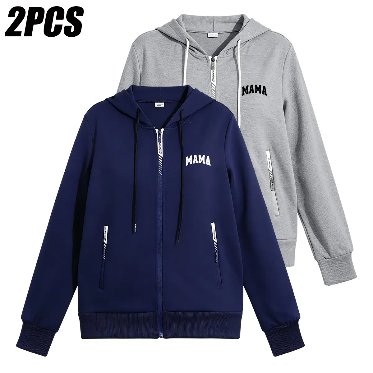 JOGWAVE 2PCS Women's MAMA Varsity Arc Print Full Zip Hooded Sweatshirt Jacket | Contrast Drawstring Zip Security Pockets Casual Hoodie | Soft Stretch Ribbed Trim Regular Fit Outerwear for Moms Daily Errands School Dropoff Loungewear, Multiple Classic Colo