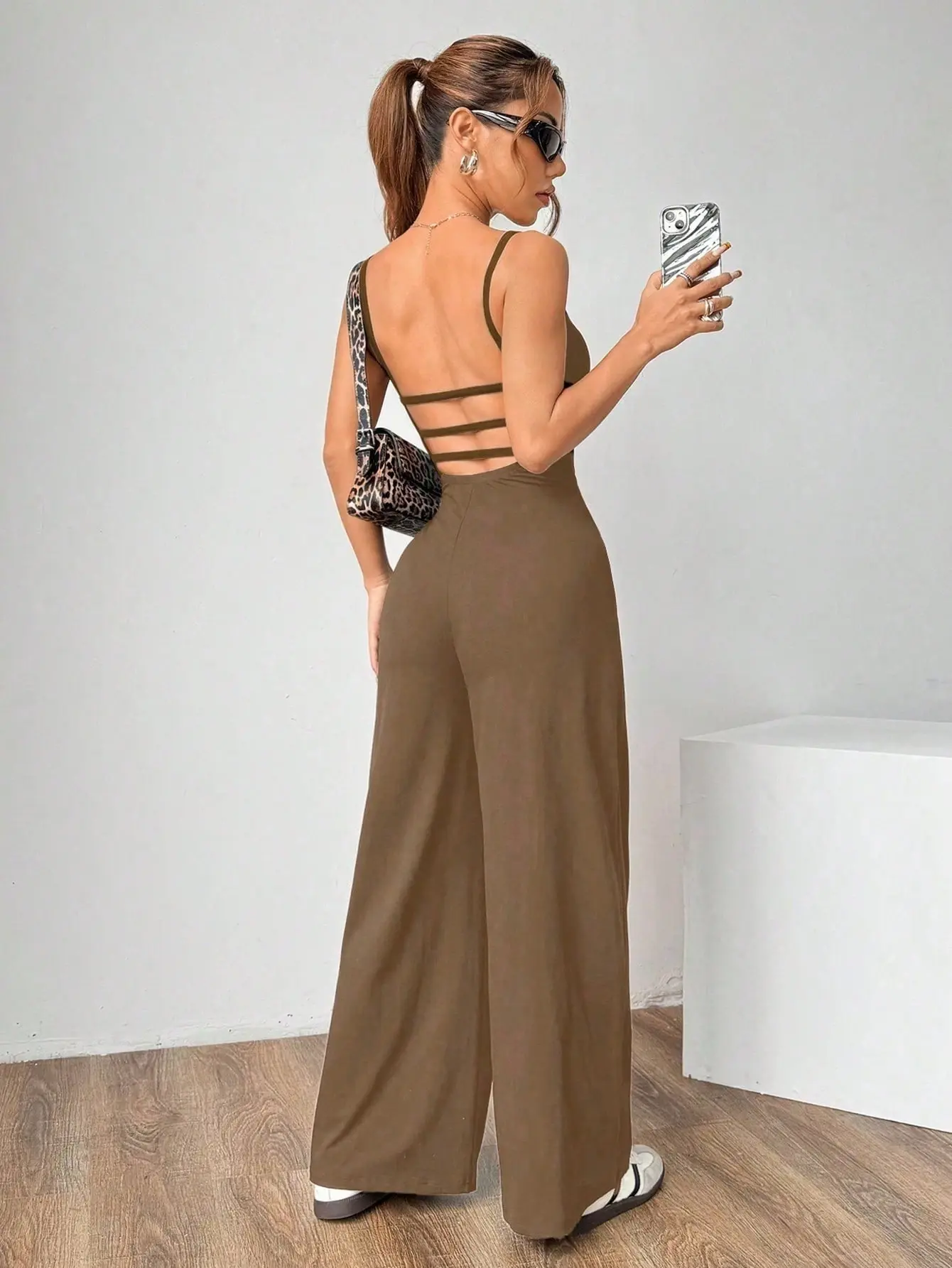 LALUZ Women's Casual Solid Color Backless Cinched Waist Straight Leg Jumpsuit One Piece Summer Vacation Outfit