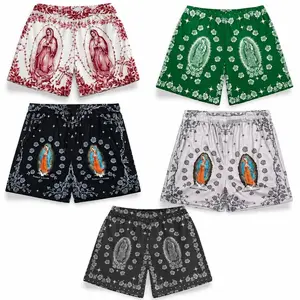 Virgin Mary Mesh Shorts, Guadalupe Athletic Shorts, Religious Bandana Style Shorts, Our Lady Graphic Gym Shorts, Streetwear Summer Shorts