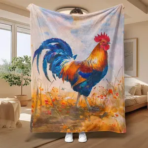 Oil Painting Rooster Pattern Blanket, Soft Throw Blanket, Air-conditioned Room Blanket, Warm Nap Blanket for Home Office Travel Camping