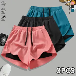 Pack of 3 women’s casual athletic shorts, solid color, lined, drawstring elastic waistband; suitable for outdoor sports, fitness running, yoga; women’s shorts, casual shorts, womenswear, summer clothing