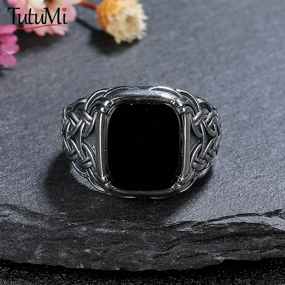 925 Sterling Silver Jewelry Ring Natural 10*12mm Black Agate Vintage Ring For Man Women Party Gifts
