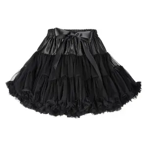 Women's Double Layer Ruffled Tulle Petticoat Ballet Skirt - Fluffy Chiffon Style Dressing Up and Dancing Womenswear Bottom Slant Pocket Lace Trim Shorts  1pcs