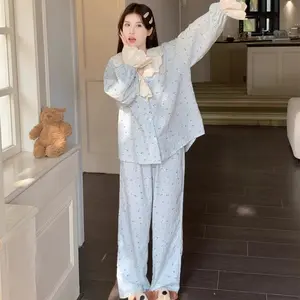 2025 Pajama Sets Women Flare Sleeve Chic Lace Patchwork Ins Spring Autumn V-neck Sweet Girls Korean Loungewear Nightwear Blue Homewear Pjs Pyjamas