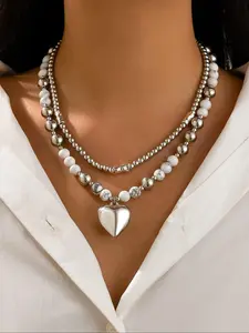 Fashion Faux Pearl & Heart Decor Beaded Necklace, Casual Jewelry for Party, Daily Clothing Decor, Trendy All-match & Exquisite Jewelry for Birthday Gift, Heart Shaped Necklace