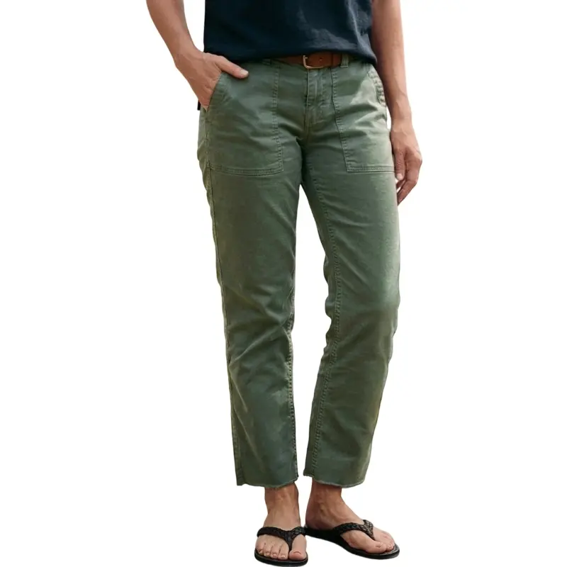 Flamingals Raw Hem Patched Pocket Mid Waist Straight Leg Crop Pants Without Belt Stretchy 25.2'' Inseam