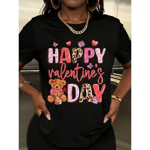 Valentine 100% Cotton T-Shirt Happy Valentines Day Bear And Hearts Print For Women