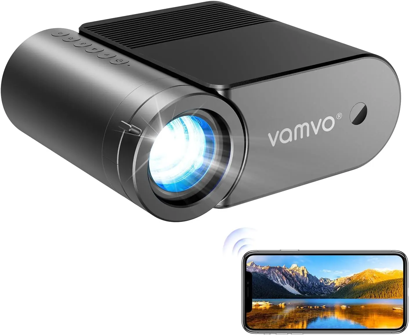 vamvo mini Projector WiFi VideoProjector 1080P 200"  Movie Projector, Outdoor Projectors with Stylish streamlined Design, Compatible with phone/ Tablet/ Laptop/ TV Stick/ PS4 etc.