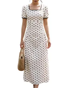 Elegant Women's Polka Dot Print Ruched Waist Princess Sleeve Square Neck A-Line Long Summer Dress, Stylish, Chic and Comfortable Fashion