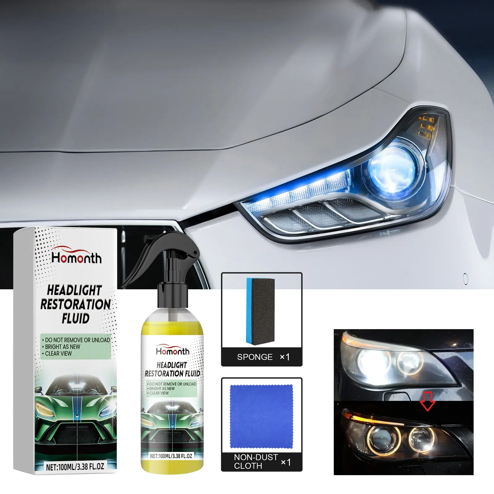 Headlight Restoration Kit - 145g Set for Removing Haze & Scratches, DIY Lens Cleaner, UV Protection Polish, Enhances Night Visibility, Compact All-in-One Car Light Fix d ly essentia