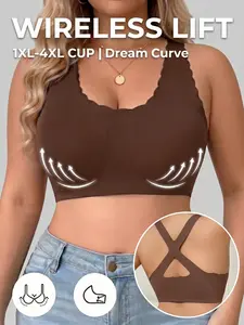 Plus Size Wireless Comfortable Bra, Modern Casual Style, Full Coverage Cross Back, Anti-Sag Support, Soft Breathable, Ideal for Curvy Women