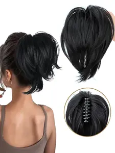 8-inch Clip-On Ponytail, Natural Fake Ponytail, Synthetic Hair Short-Hair Clip-On Black Straight Ponytail Synthetic Fiber Women's Straight Synthetic Ponytail Extension Natural Volume, Easy to Wear Heat-Resistant, Suitable for All Occasions