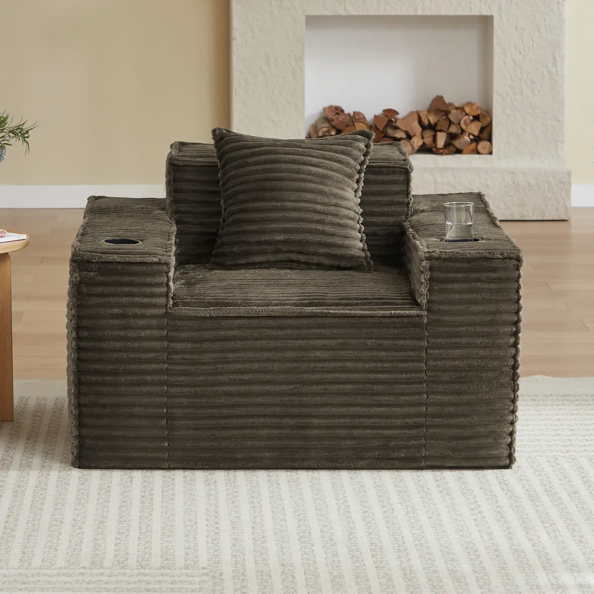 Boneless Sofa Chair Couch with Cup Holders & Side Pockets, Modern Corduroy Fabric Deep Seat Single Cloud Couch for Reading Living Room Office, No Assembly (Brown)
