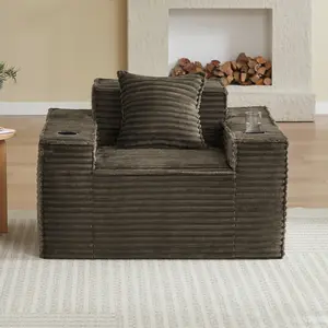 Boneless Sofa Chair Couch with Cup Holders & Side Pockets, Modern Corduroy Fabric Deep Seat Single Cloud Couch for Reading Living Room Office, No Assembly (Brown)