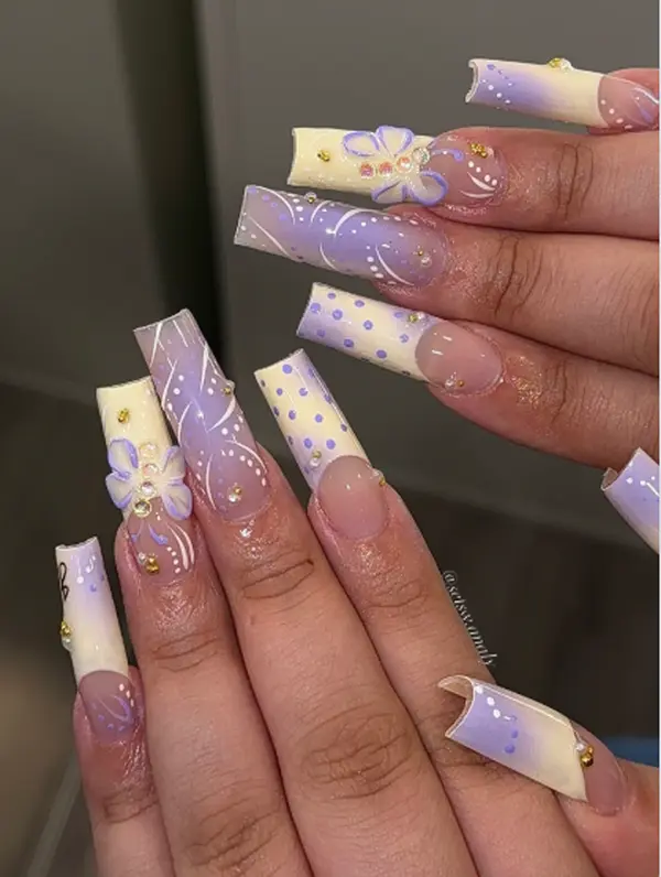Pastel Purple Yellow Ombre Press On Nails Long Square Fake Nails 3D Flower White Swirls Pearl Fairycore Reusable False Nails Women Spring Party Stick On Nails Handmade Custom Acrylic Nail Art TikTok Viral Beauty Trendy DIY Manicure Gift