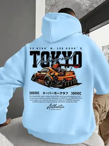 Men's Car Pattern Letter Print Hoodie, Comfortable Fashion Essential, Unique Design, Fall & Winter Layered Wear, Casual Loose-Fit Sweatshirt