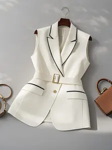 Women's Fashion Blazer Jacket, Office Casual Outerwear with Belt Decoration, Daily Wear Waistcoat for Ladies, Stylish Women's Clothing