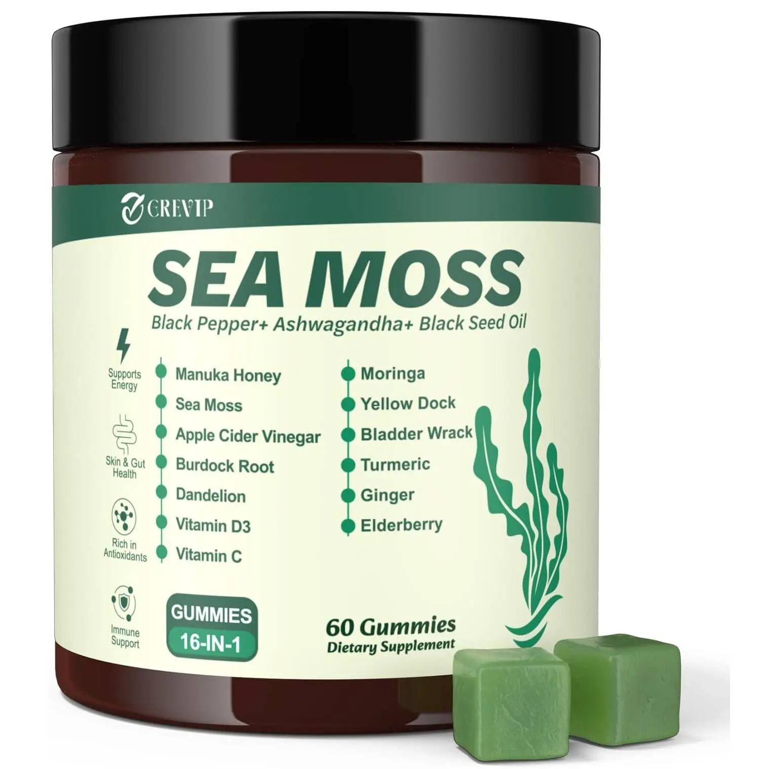 Sea Moss Gummies, 16-in-1 Dietary Gummy Vitamins with C, D3, Black Seed Oil, Ashwagandha, Elderberry, Burdock Root for Wellness Boost (60 Pieces, Bottle Pack), Natural
