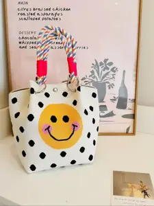 Knitted Handbag, Woven Bag, Knit Shoulder Bag, Cute Commuter Tote, Random Print, Geometric Pattern Bag, All Seasons, Women's Fashion Accessory