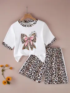 Girls' Leopard Print Set, Bowknot Printed Round Neck Short Sleeve Top, Elastic Waist Leopard Shorts, Casual Comfortable, Summer Clothing Set