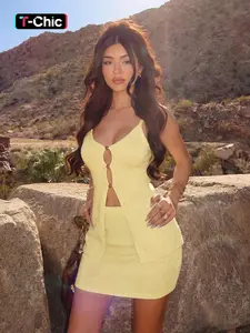 Women's Beaded Camisole with Thin Straps & V-Neck, Paired with a Bodycon Mini Skirt. A Chic, Feminine, Relaxed Womenswear Set for Street Style and Resort Getaways – Knit Two-Piece Co-Ord.