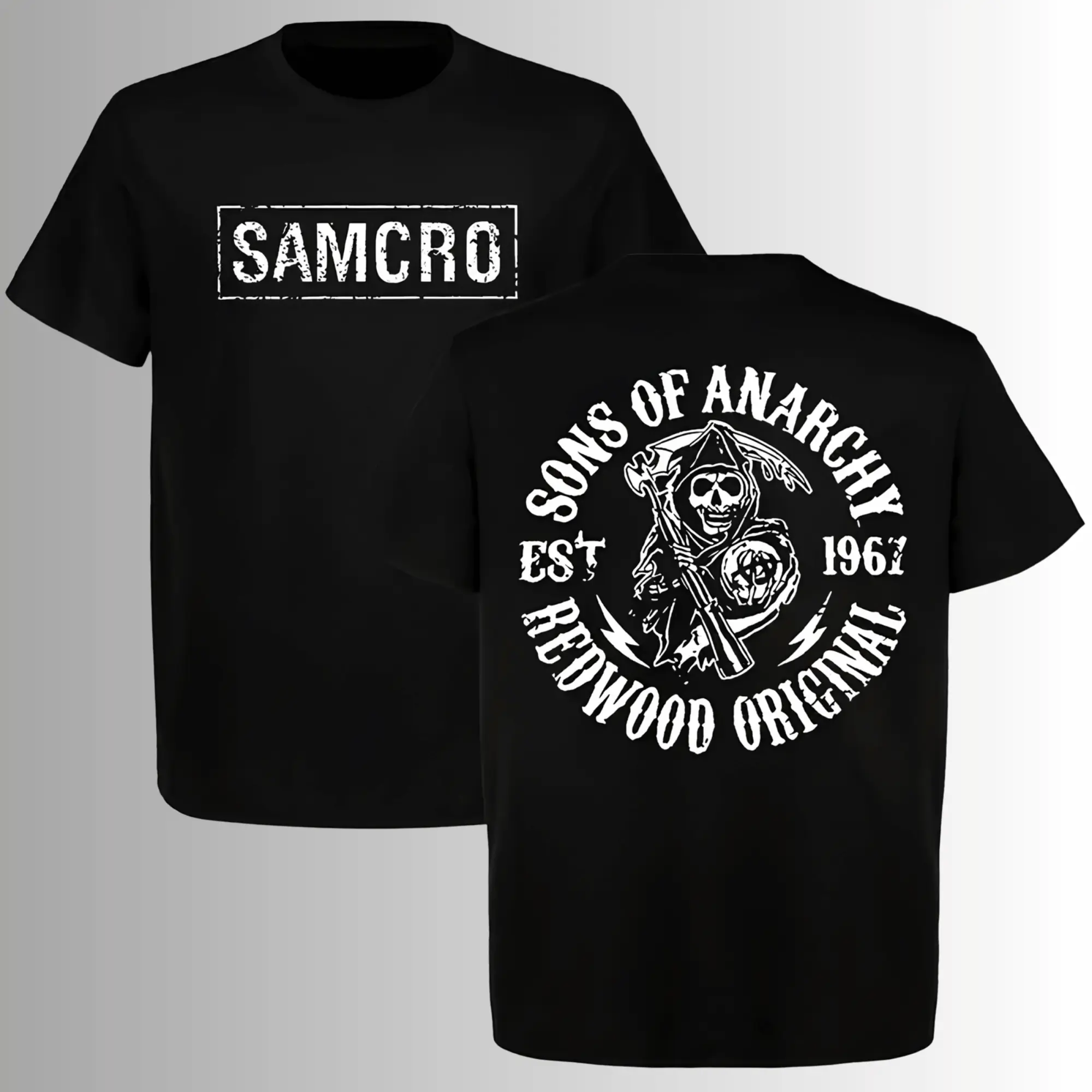 Sons of Anarchy Redwood Original Grim Reaper T-Shirt, 2 Sides, SAMCRO Est 1967 Motorcycle Club Graphic Tee